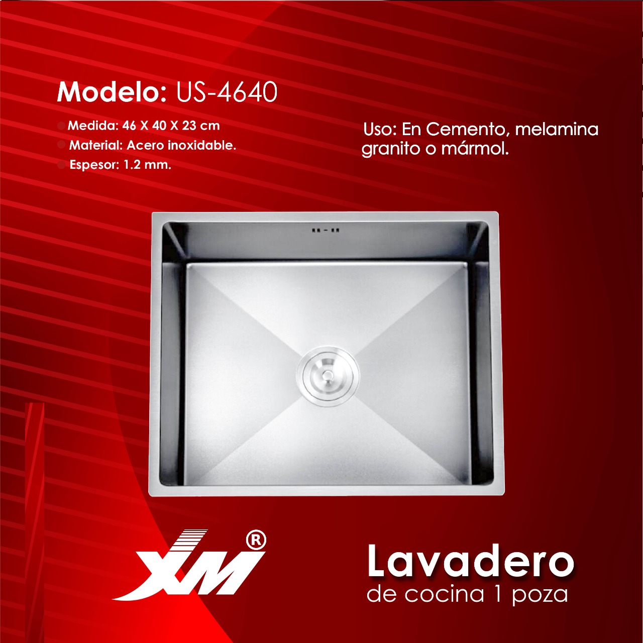 Lavadero de acero de 1 poza 46cmsx40cmsx23cms XM US-4640